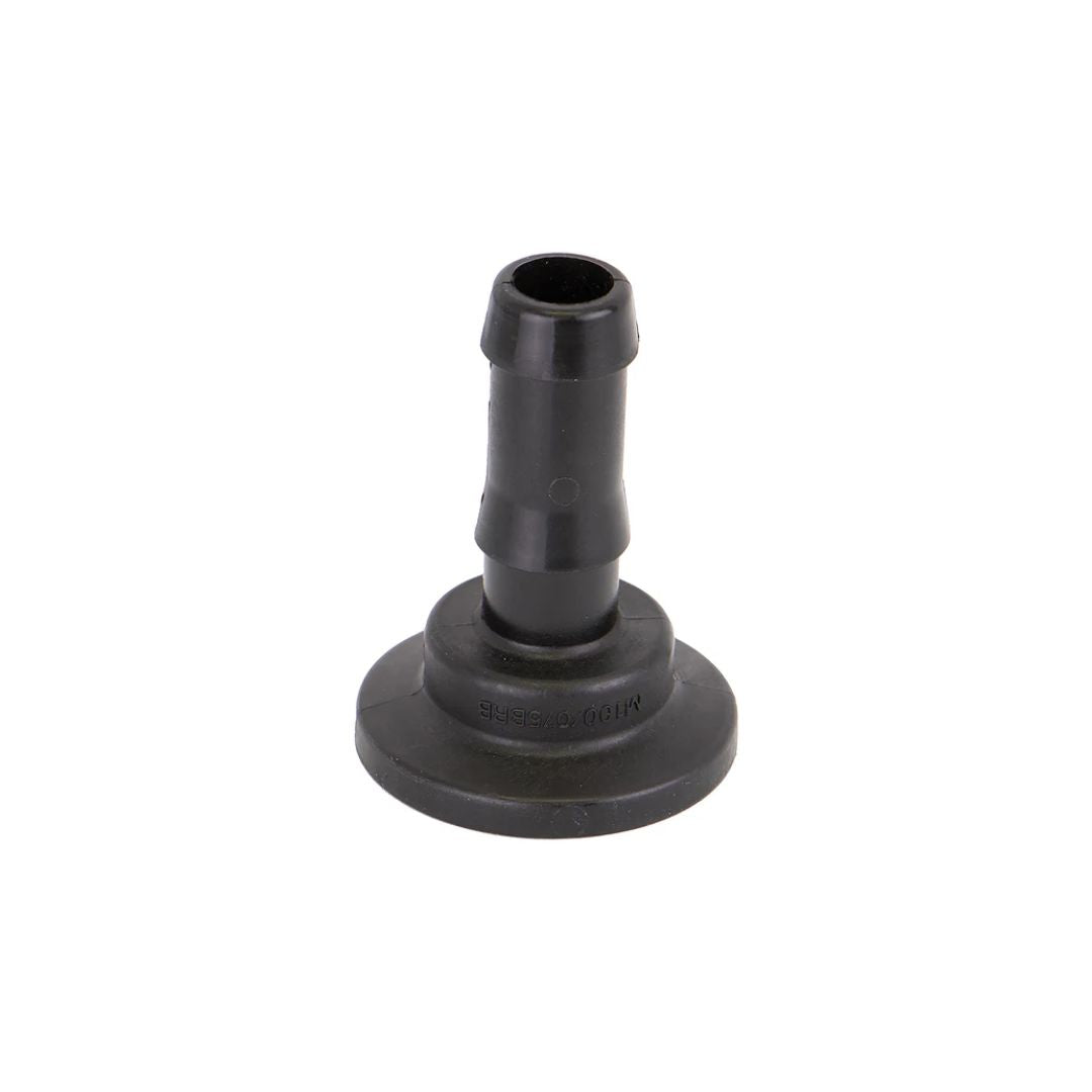 A high-performance flange fitting, the Banjo 1" Manifold Flange x 3/4" Hose Barb (M100075BRB) is a black rubber barbed hose connector featuring a circular base, perfect for agricultural and industrial applications. Viewed on a white background, it ensures durability and reliability in various settings and is designed to fit RAVEN Liquid Section Valves.
