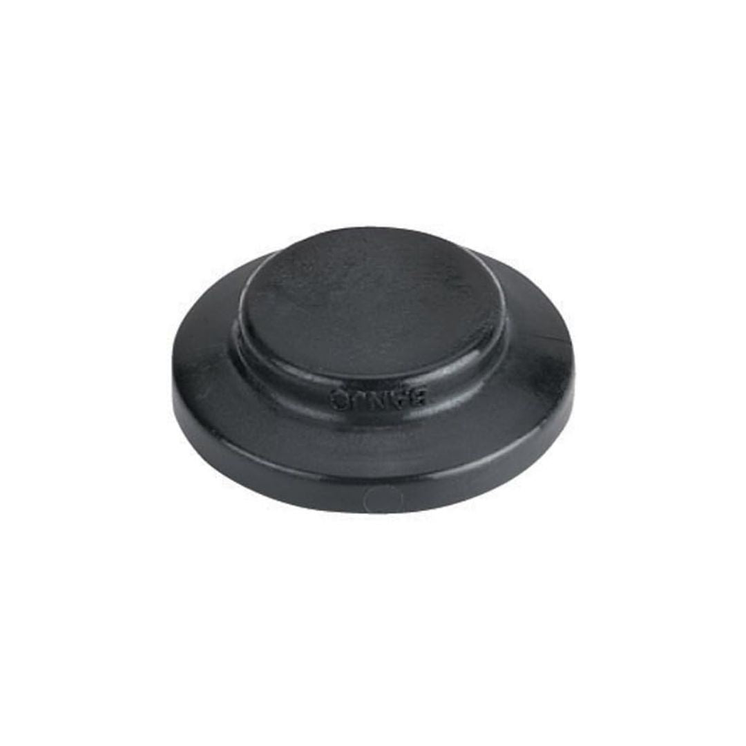 A Banjo black plastic 1" Flange Plug on a white background, crafted with durability akin to glass reinforced polypropylene.