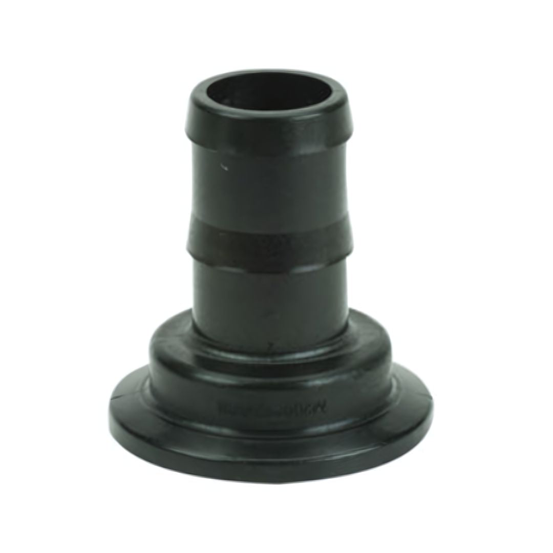 The Banjo 2" Manifold Flange x 1-1/2" Hose Barb (M200150BRB) is a black cylindrical plastic fitting featuring a flared base and a ridged middle section for secure attachment. It is ideal for liquid transfer applications and offers excellent chemical resistance.