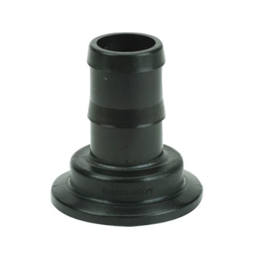 The Banjo 2" Manifold Flange x 1-1/2" Hose Barb (M200150BRB) is a black cylindrical plastic fitting featuring a flared base and a ridged middle section for secure attachment. It is ideal for liquid transfer applications and offers excellent chemical resistance.