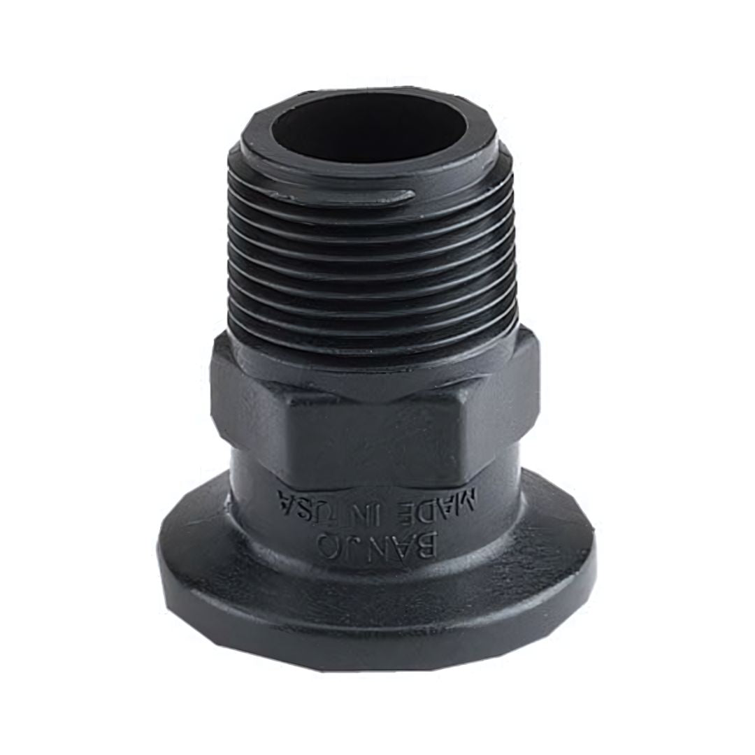 The Banjo 2" Standard Port Flange x 1-1/2" MNPT Adapter (M200150MPT), manufactured by Banjo, is a high-performance flange adapter constructed from black glass-reinforced polypropylene. It features the engraving "BANJO MADE IN USA" on its side and is perfect for agricultural and industrial applications.