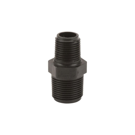 The Banjo 3/4" MNPT x 1/2" MNPT Reducing Nipple Poly (RN075-050) is designed with black glass reinforced polypropylene for enhanced durability. Featuring threaded male pipe adapter ends and a hexagonal center, it ensures easy application with a wrench, while maintaining a high-pressure rating.