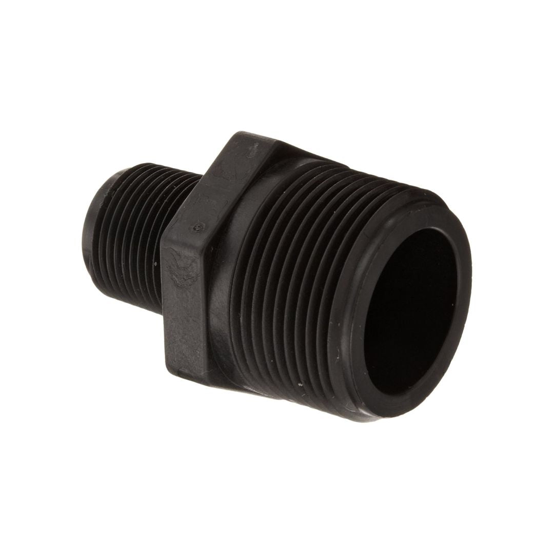 The Banjo 1-1/4" MNPT x 3/4" MNPT Reducing Nipple Poly (RN125-075) is a black plastic threaded pipe connector featuring ridged edges, made from glass-reinforced polypropylene for improved durability, perfect for fluid management applications.