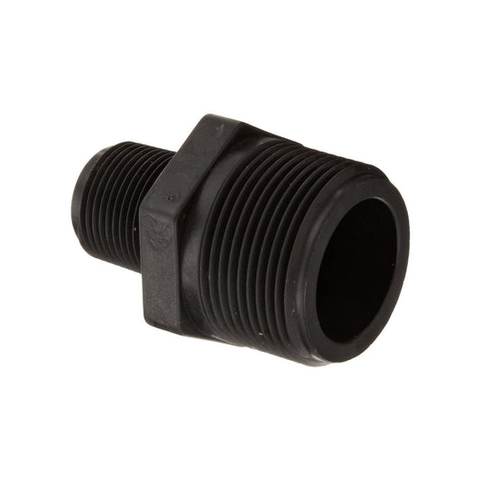 The Banjo 1-1/4" MNPT x 3/4" MNPT Reducing Nipple Poly (RN125-075) is a black plastic threaded pipe connector featuring ridged edges, made from glass-reinforced polypropylene for improved durability, perfect for fluid management applications.