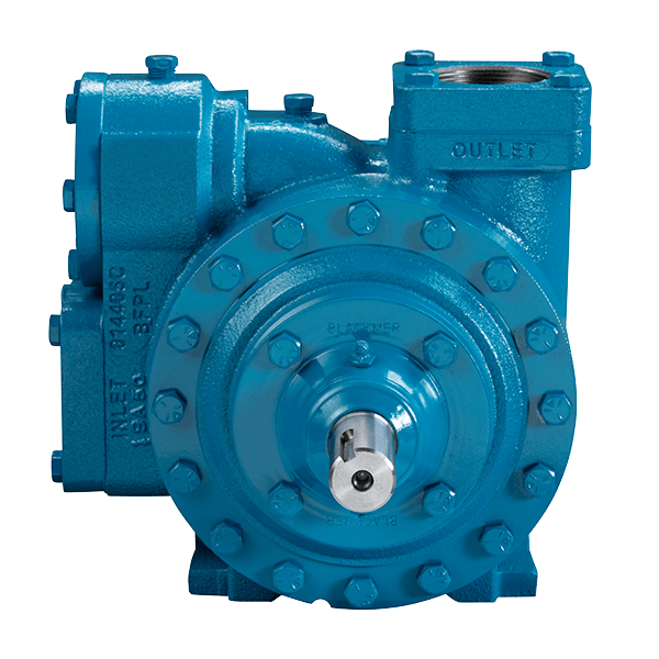 The Blackmer LGLD3F Sliding Vane Pump - 3" Base Mount, 1-1/8" Shaft is a blue industrial rotary gear pump meticulously designed for propane transfer, featuring visible inlet and outlet ports, flange connections, and clear manufacturer markings. Ideal for bulk plant service, this Blackmer pump ensures reliability and efficiency in demanding applications.