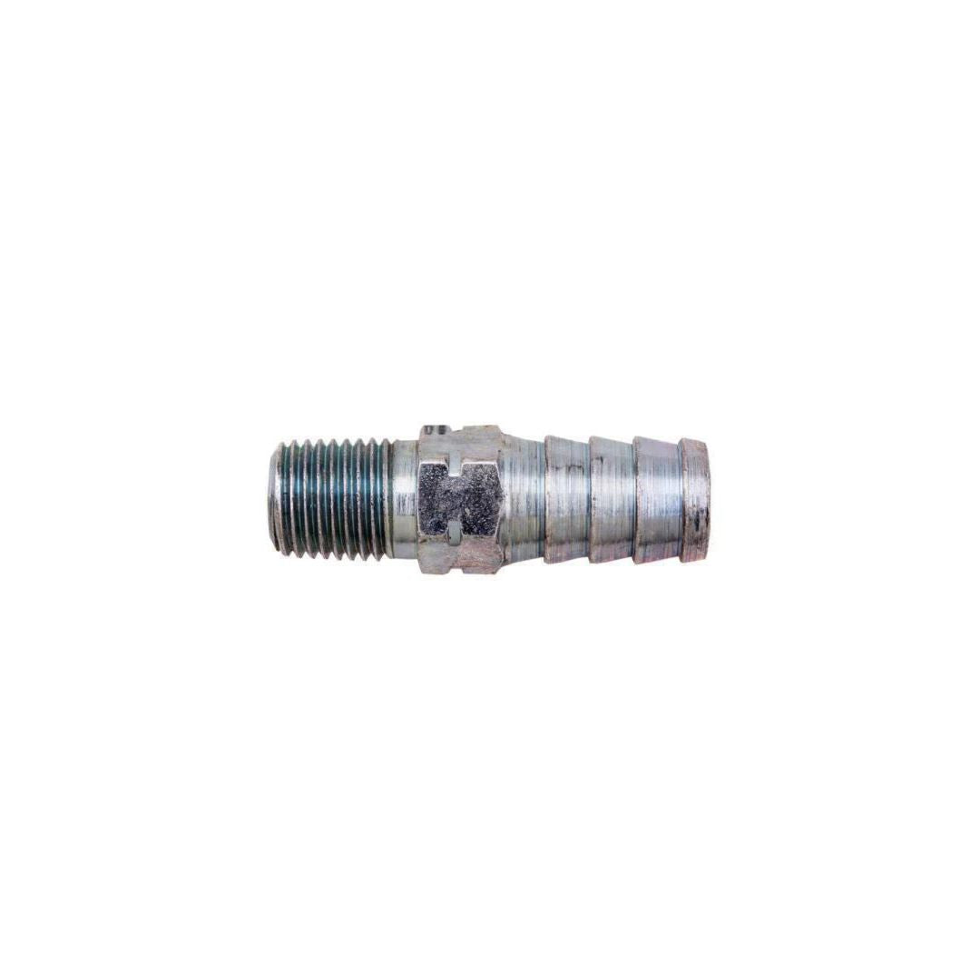 Close-up of the Continental Hose Barb 1/4" MPT x 1/2" NH3 plated steel fitting with a threaded end and a ridged barb end, isolated against a white background. Ideal for agricultural applications.