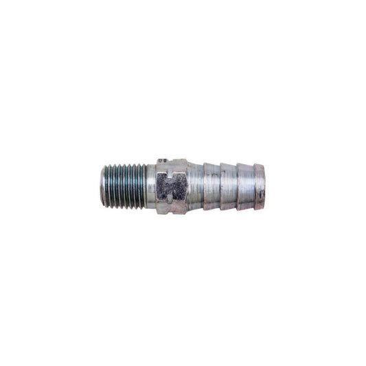 Close-up of the Continental Hose Barb 1/4" MPT x 1/2" NH3 plated steel fitting with a threaded end and a ridged barb end, isolated against a white background. Ideal for agricultural applications.