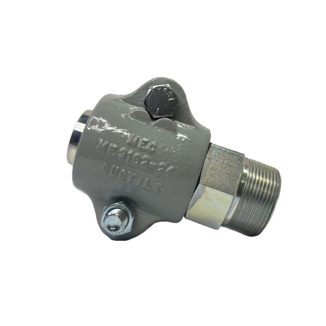 Continental Hose Coupling 1-1/2" MPT 2-Bolt Clamp Type in gray metal with threaded ends, hexagonal nut, and embossed lettering is designed for NH3 couplings. It features rust and corrosion protection for enhanced durability, shown on a white background.