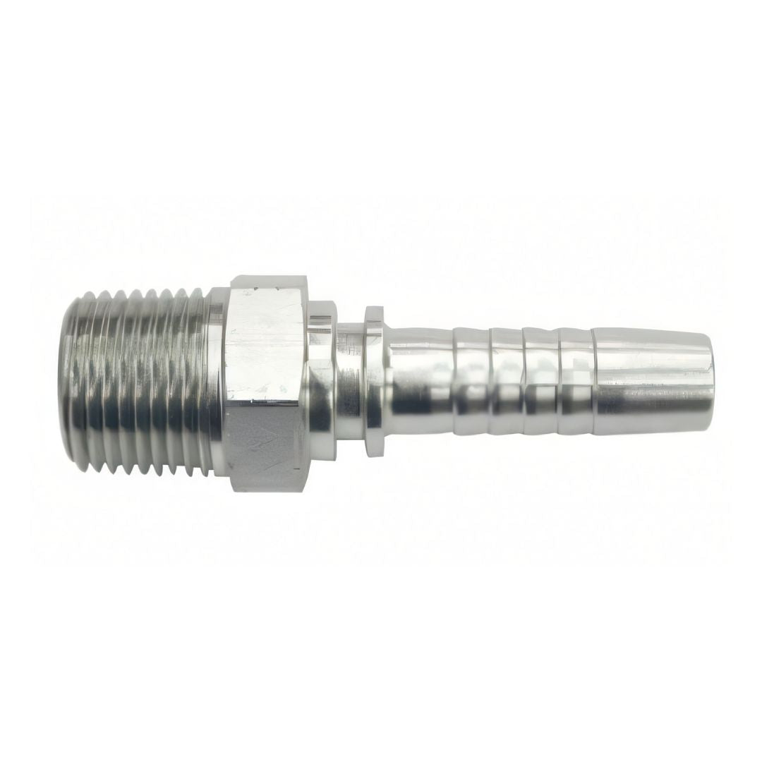 Continental's silver Continental Hose Barb, 1/8" NMPT x 1/4" with Orifice, features a threaded end and is perfect for cryogenic applications, shown on a white background.