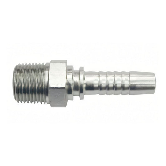 Continental's silver Continental Hose Barb, 1/8" NMPT x 1/4" with Orifice, features a threaded end and is perfect for cryogenic applications, shown on a white background.