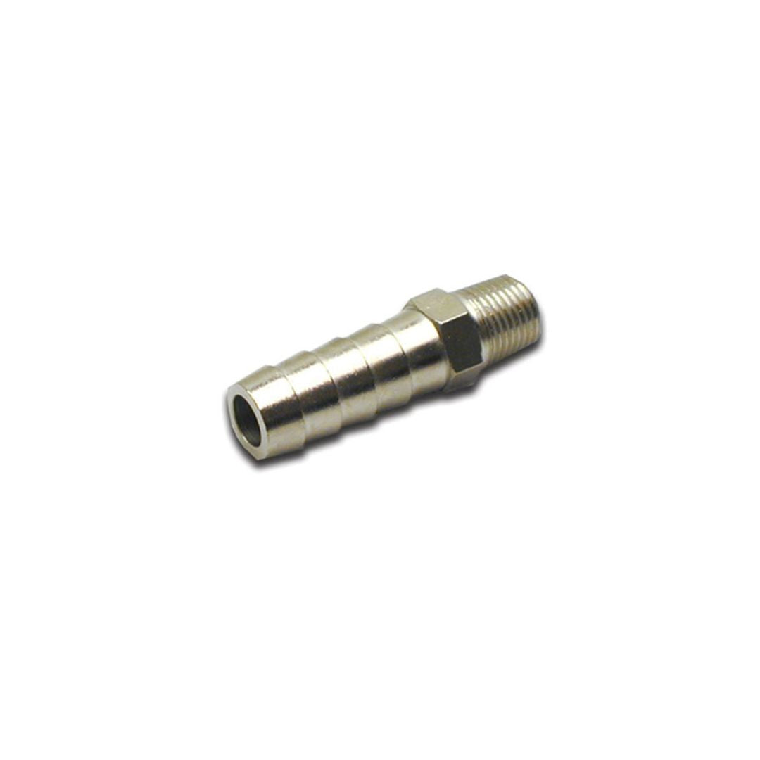 The Continental Hose Barb, 1/8" NMPT x 3/8" with Orifice, NH3 metal fitting features a threaded end and ridged body, making it ideal for NH3 applications and efficient fluid handling, set against a plain white background.