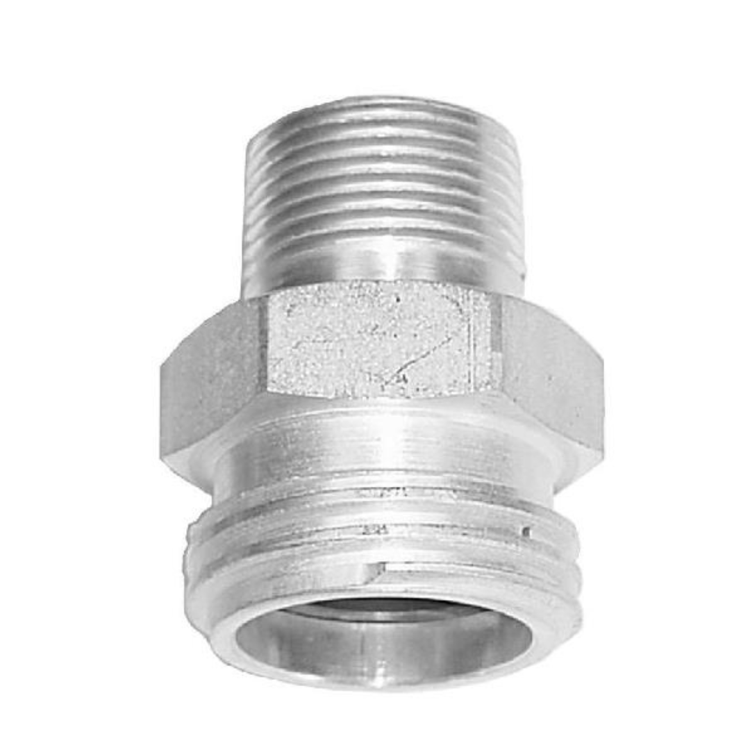 The Continental NH3 Adapter - 1" MPT x 1-3/4" Male ACME is a zinc-plated steel threaded hose adapter with a hexagonal nut. It is designed for connecting hoses or pipes of different diameters and is ideal as an NH3 adapter, ensuring durability and resistance for applications involving anhydrous ammonia.
