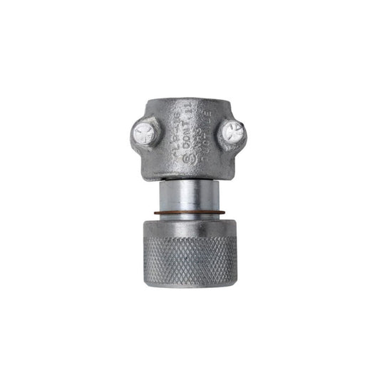 The Continental Hose Coupling 1-1/4" x 1-3/4" Female ACME 2-Bolt Clamp Type, featuring a knurled grip and visible bolts, is ideal for secure NH3 hose connections in agricultural environments. Engineered for durability, it's perfect for managing anhydrous ammonia applications.