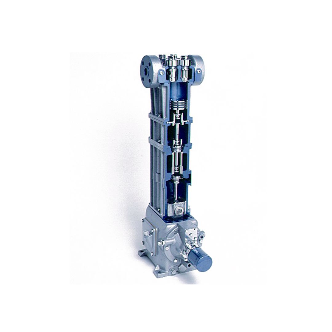 A Corken D91 Gas Compressor - Vertical, Single Stage, 4-8.3 CFM, with exposed internal mechanisms and blue accents, standing on a metallic base, ideal for oil-free gas compression applications.