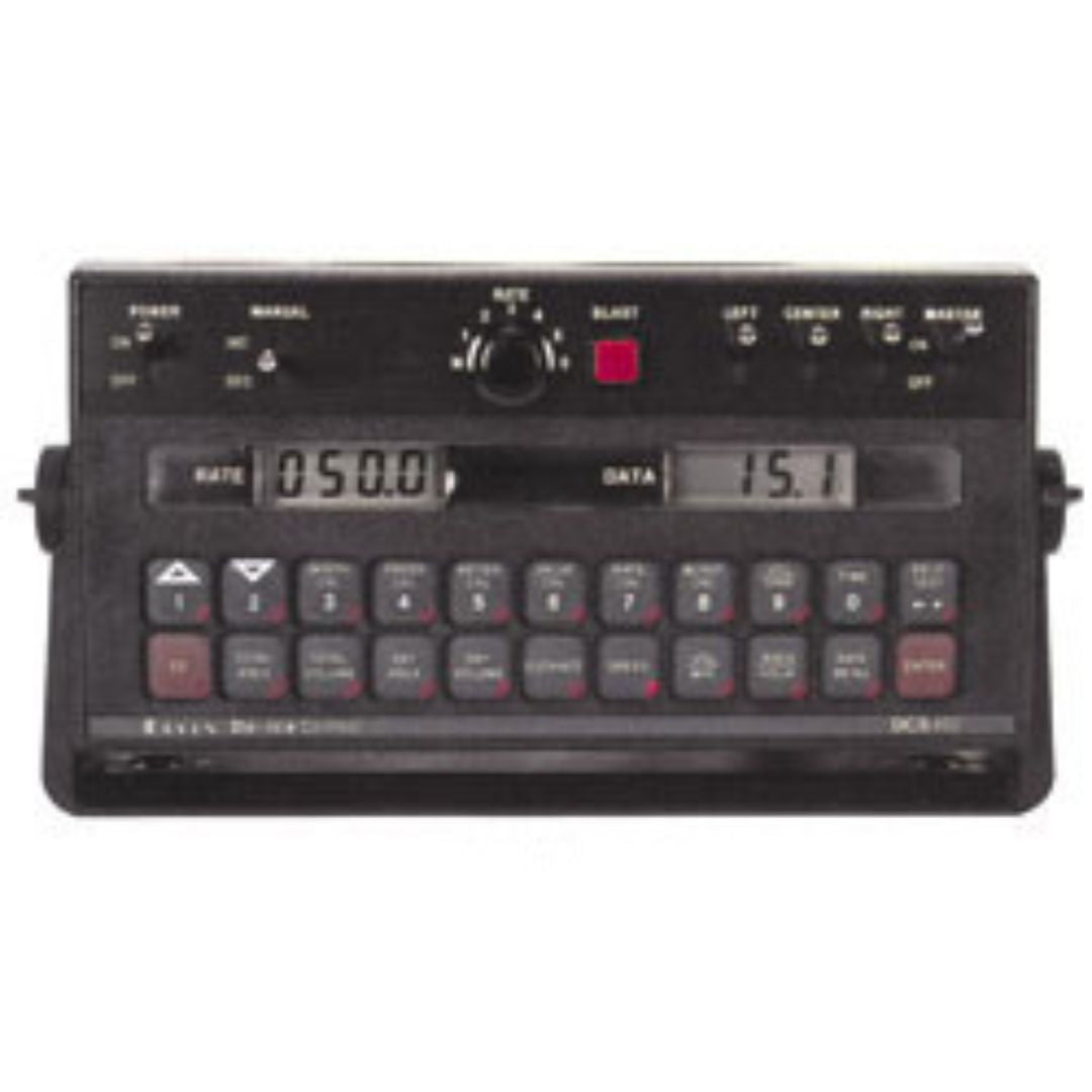 The Raven DCS 400 Liquid De-Icer Console, a vintage electronic device with buttons, a knob, and digital displays for "Rate" and "Data," is perfect for granular spreader control. The brand reads “Raven”.