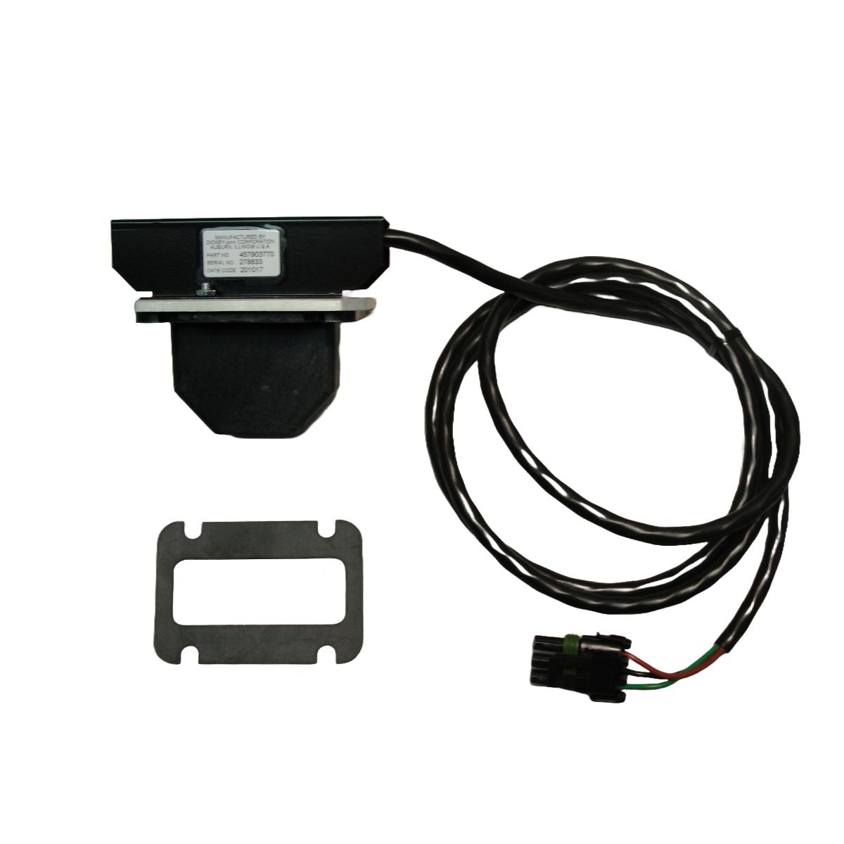 The DICKEY-john Flow Meter - Compact Design (45790-1570AS1) features a high-accuracy electronic sensor with cable and connector, accompanied by a rectangular metal bracket, making it ideal for agricultural applications. The product is showcased against a white background.