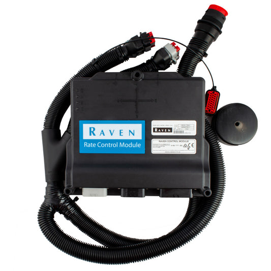The Raven RCM Rate Control Module - ISOBUS Level 1 Gen 1 Kit (117-7100-005), from Raven, features intricate wiring and connectors and is designed for precision agriculture machinery to regulate application rates through ISOBUS standards.