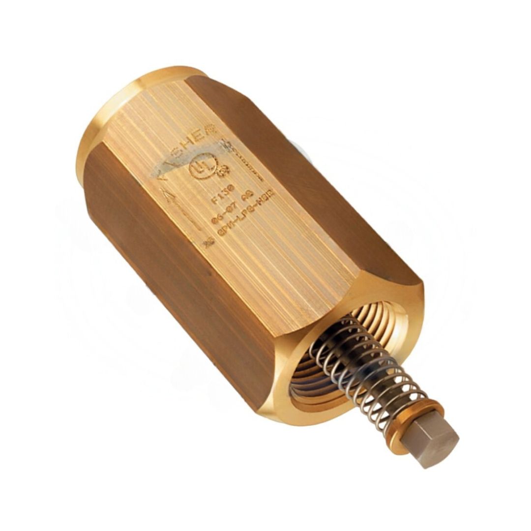 A brass mechanical part featuring a spring mechanism and hexagonal ends, engraved with numbers and letters, ideal for industrial applications such as the Fisher Excess Flow Valve 2" FNPT x 2" FNPT (F133) automatic shut-off system by Fisher.