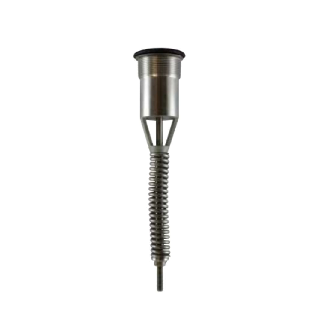 A Fisher H722-250 2" MNPT Flush Mounted SS Internal Relief Valve, featuring a cylindrical metal body with a screw thread at the top, a long coiled spring in the middle, and components similar to those found in LP-Gas Valves, isolated on white.