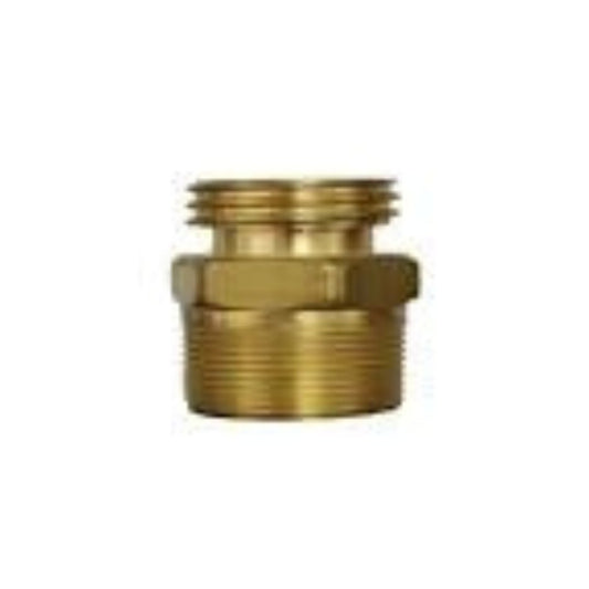 The Fisher Adapter 2-1/4" Acme x 1-1/4" FPT Brass is a brass plumbing fitting with threaded ends on both sides, perfect for industrial applications and shown against a white background.