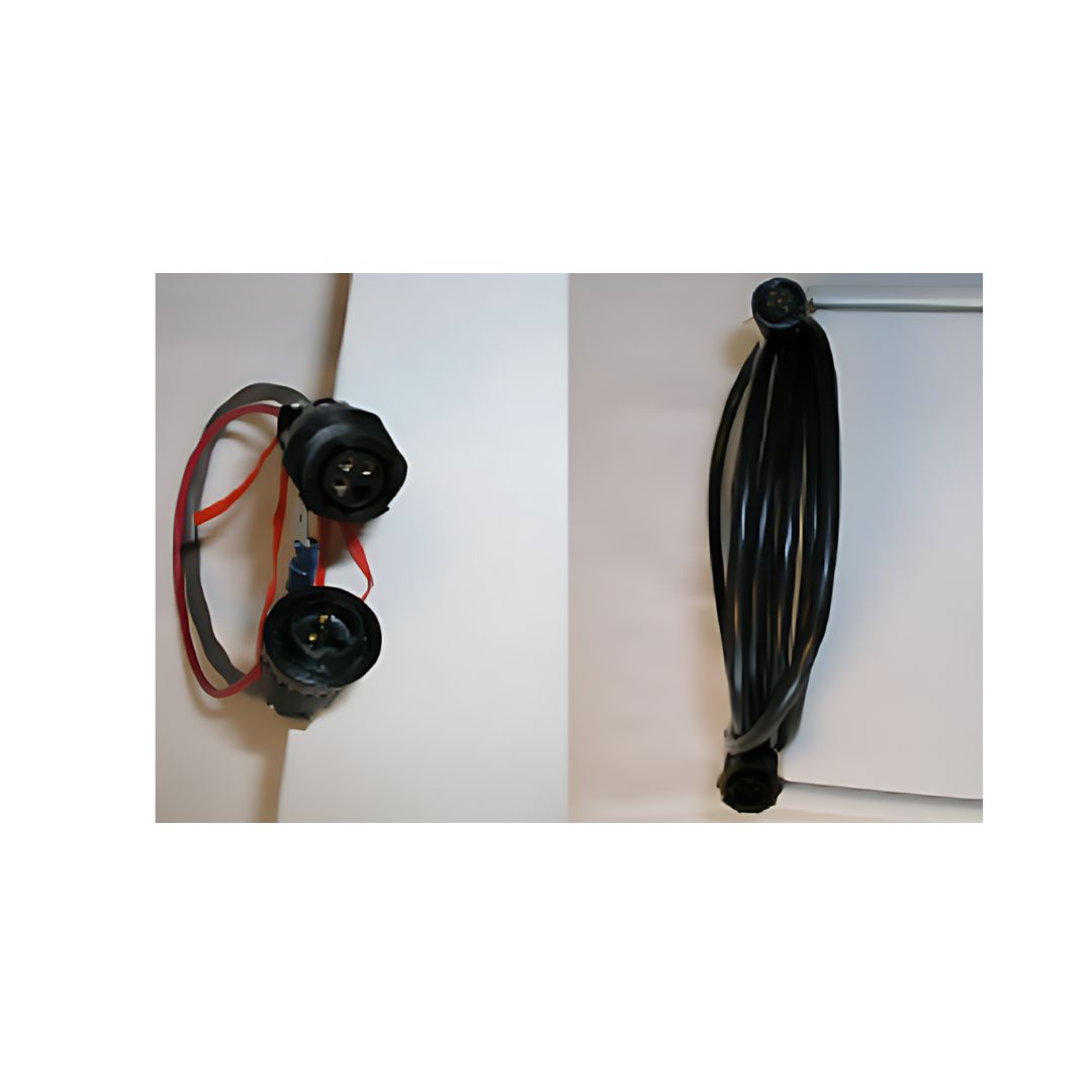 Two Outback Ground Speed Indicator Interface Sensor Cables (GSI-S2-RDJM) with black cycling lights featuring red straps on the left, and coiled black wires on a white background on the right—perfect companions for use with Outback Guidance Systems to optimize speed sensing in agricultural equipment.