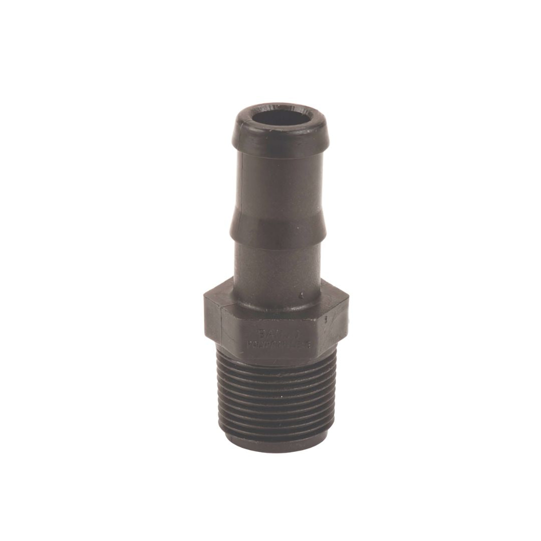 The Banjo 3/4" MNPT x 3/4" Hose Barb (HB075) is a black plastic hose connector made from glass-reinforced polypropylene, incorporating a threaded base and smooth, tapered nozzle for improved chemical resistance.