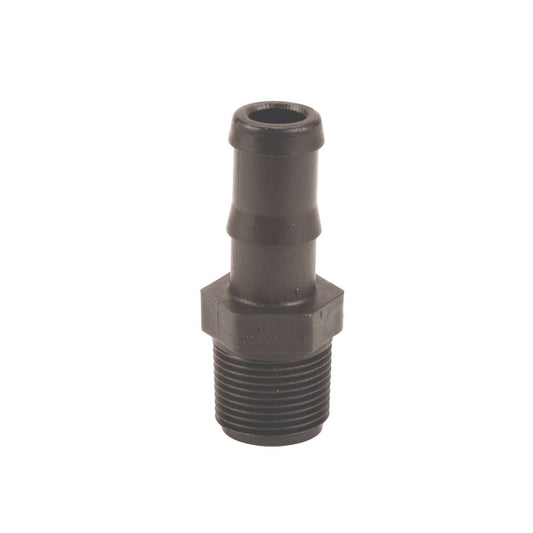 The Banjo 3/4" MNPT x 3/4" Hose Barb (HB075) is a black plastic hose connector made from glass-reinforced polypropylene, incorporating a threaded base and smooth, tapered nozzle for improved chemical resistance.