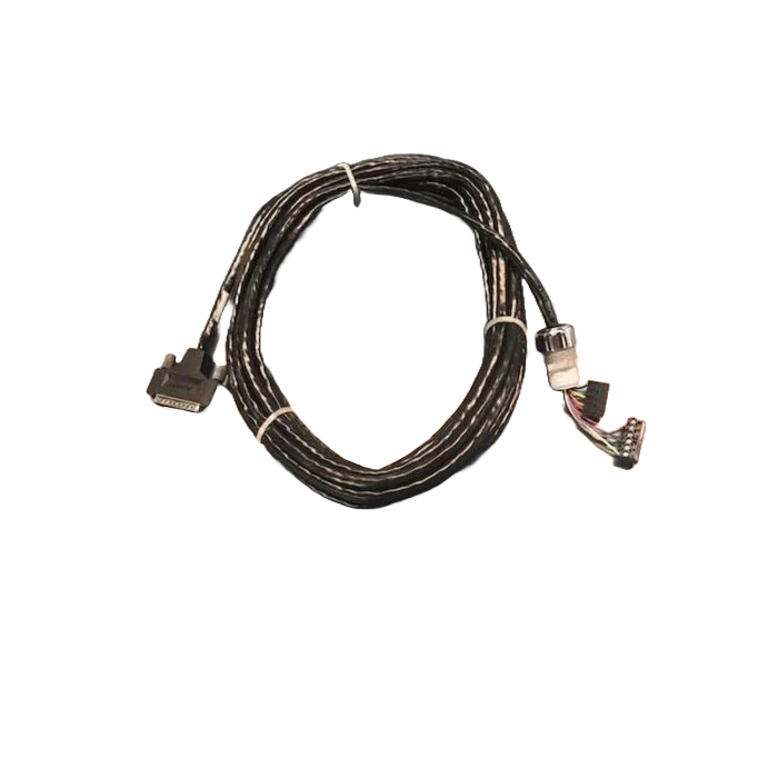 The Liquid Controls LCR Printer Communication Cable, measuring 40 feet in length, is coiled and black. It features a flat 4-pin plug on one end and a multi-colored 8-wire plug on the other. Designed with precision by Liquid Controls, this 10-wire communication cable ensures seamless connectivity between devices.