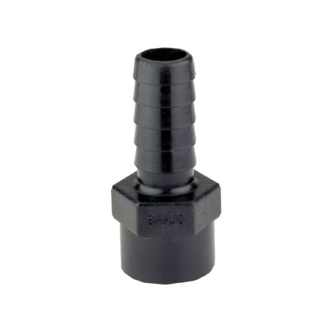 The Banjo 1" FNPT x 1" Hose Barb (HBF100) fitting is made from black polypropylene, featuring a 1" hose barb with a ribbed texture for secure hose connection and a hexagonal base for easy tightening. It offers excellent chemical resistance.