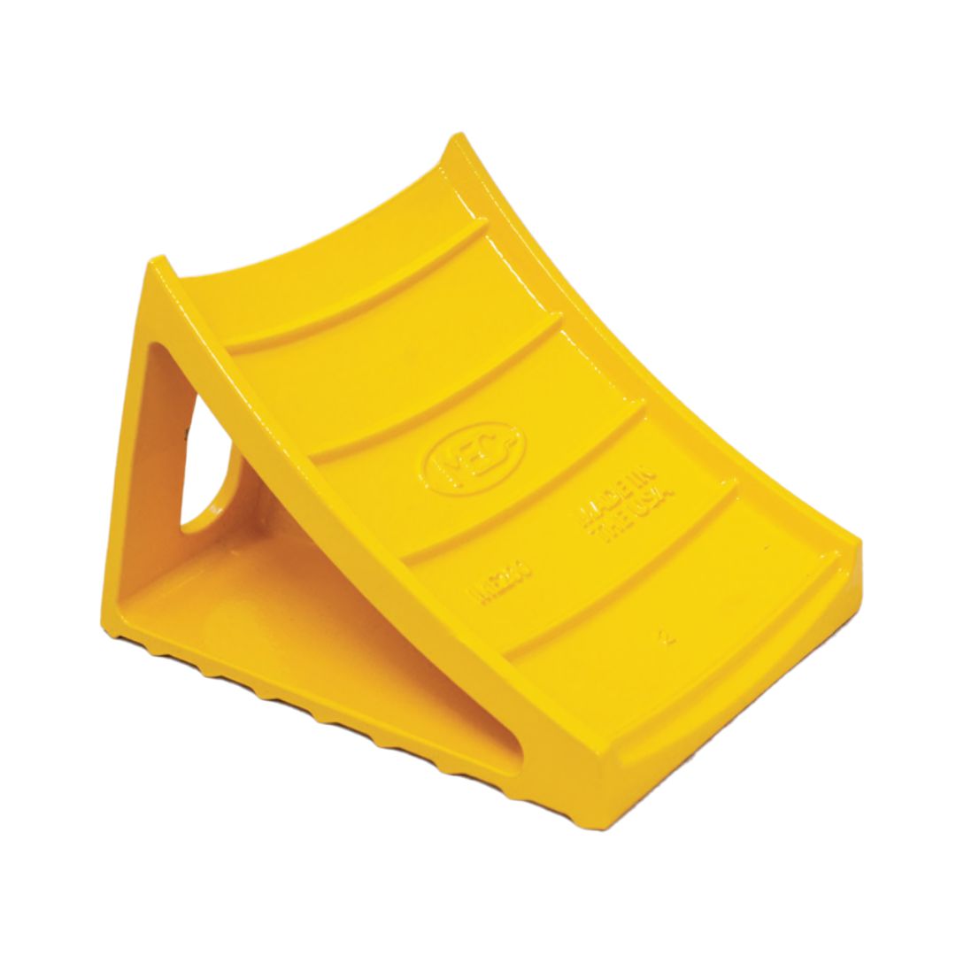 Introducing the Wheel Chock Block Aluminum ME200 (Single) by Marshall Excelsior, a safety yellow device engineered to prevent vehicle movement. It features a triangular shape with ribbed surface grooves and is crafted from durable cast aluminum.