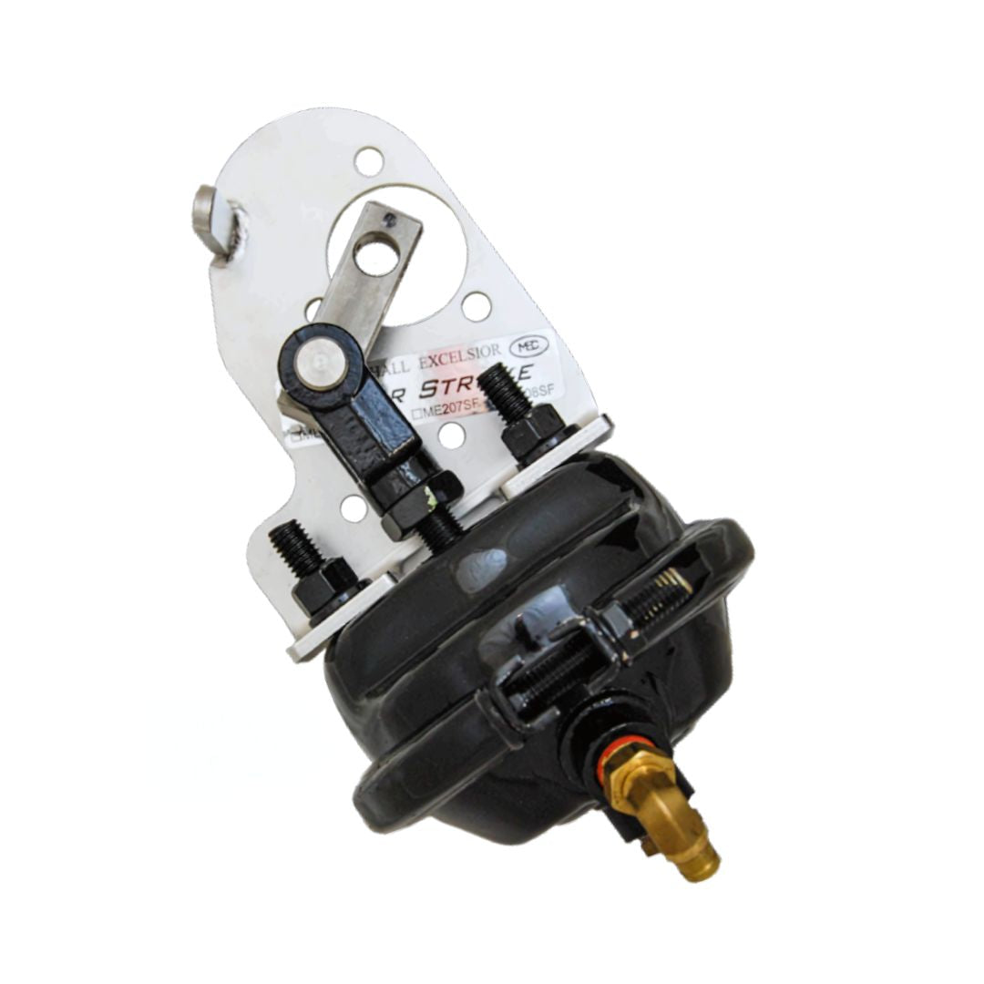 The Marshall Excelsior ME206 Air Actuator for 2" & 3" Internal Valves is a mechanical component with a metal bracket and black housing, featuring bolts and a copper valve at the bottom. Designed for durability with heavy-duty stainless steel, it is perfect for applications requiring reliability, such as air brake actuator systems.