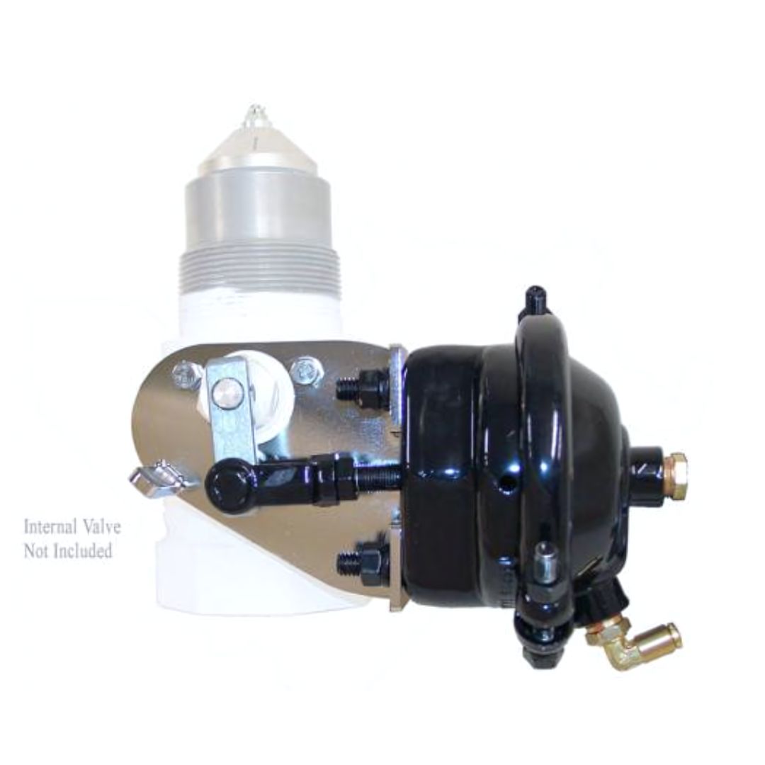 A Marshall Excelsior ME206 Air Actuator for 2" & 3" Internal Valves, featuring a heavy-duty stainless steel body with a black cylindrical device attached, equipped with several bolts and connectors.