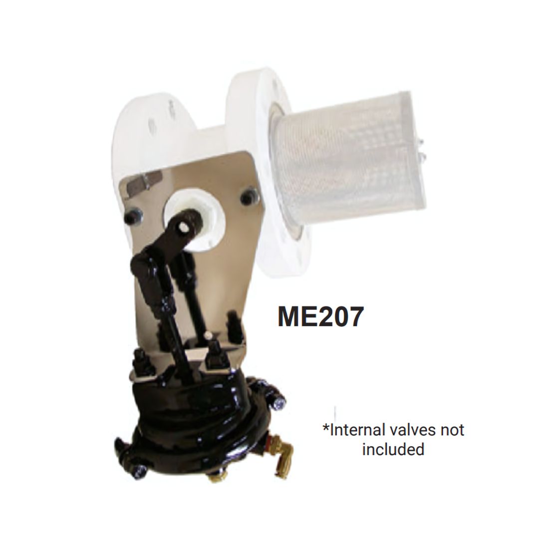Mechanical component ME207 with a white cylindrical filter element, a metallic bracket, and a black cylindrical part with bolts and a lever mechanism. Note: Internal valves not included