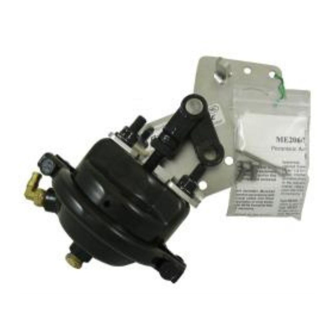 A Marshall Excelsior ME207SF Air Actuator for Fisher C484-24 Series Single Flanged Internal Valves, featuring a black round component, is attached to a metal bracket and placed next to a plastic bag containing smaller parts.