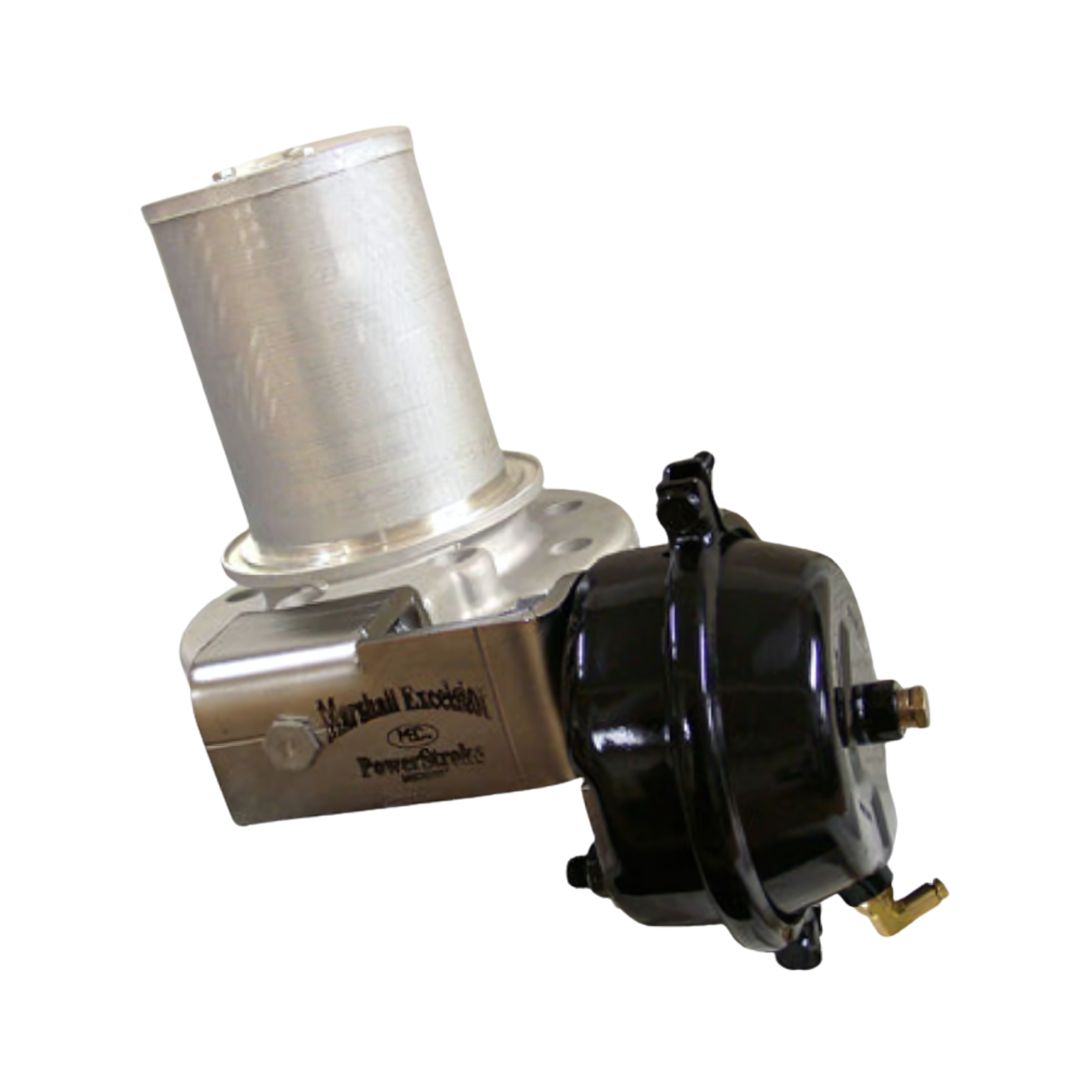 A metal automotive component with a cylindrical filter element and a round black housing on a white background, showcasing the precision-engineered Marshall Excelsior ME208SF Air Actuator for 4" Single Flanged Internal Valves for optimal performance.