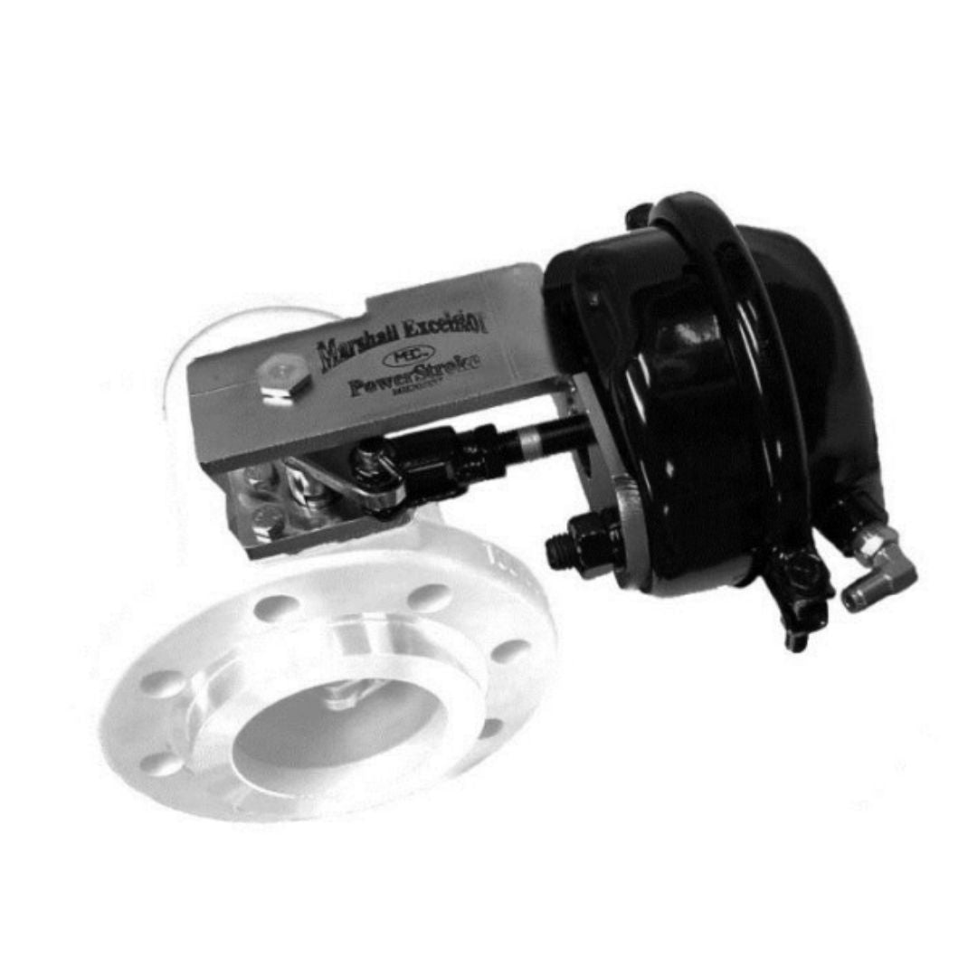 Close-up of a black and silver industrial device with a metallic flange, displaying the product name "Marshall Excelsior ME208SF Air Actuator for 4" Single Flanged Internal Valves" and the brand name "Marshall Excelsior.