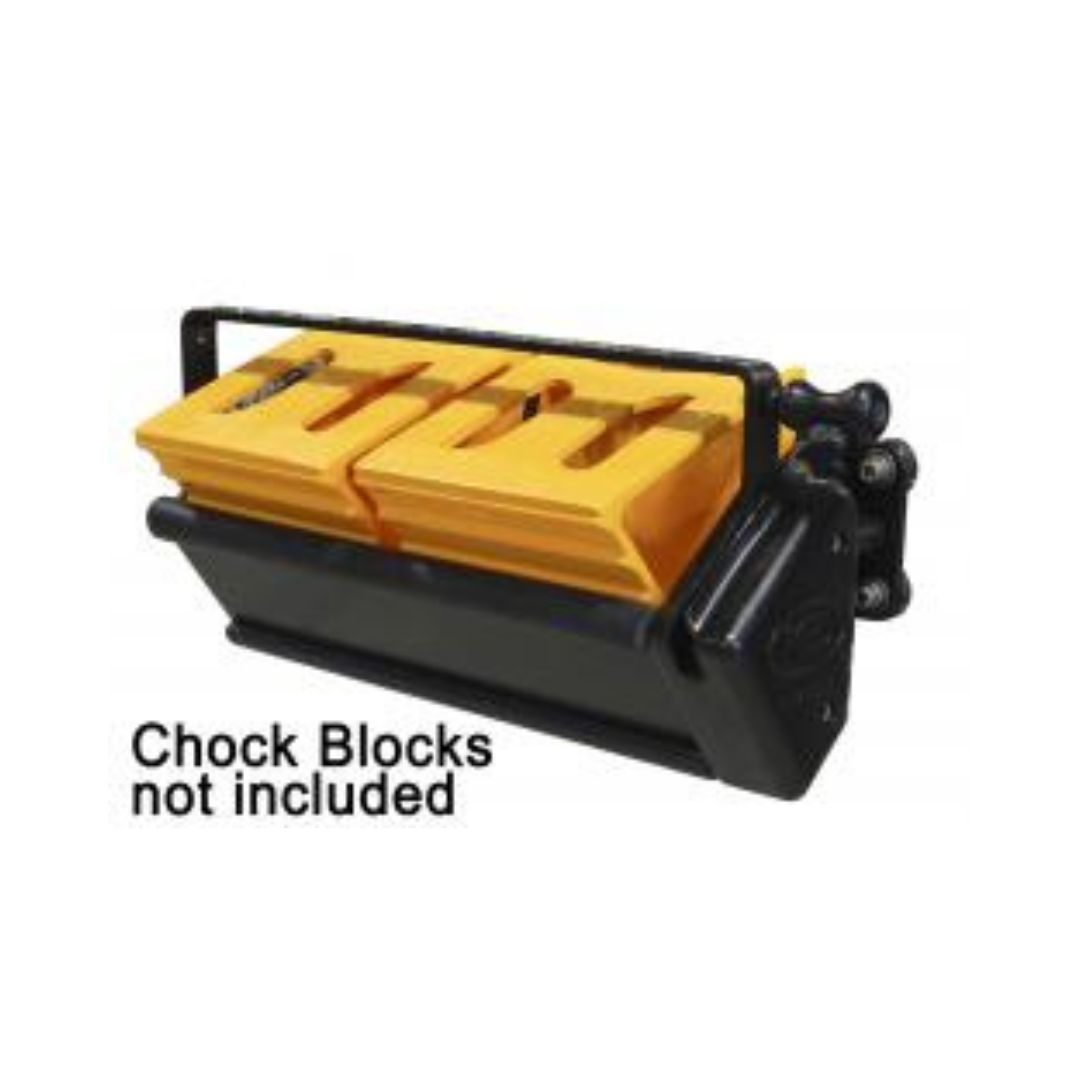 The Marshall Excelsior Wheel Chock Bracket (ME200B) is a yellow chock blocks holder with a black mount for vehicles, featuring durable aluminum construction. Text reads "Chock Blocks not included." Ideal for wheel chocks storage.