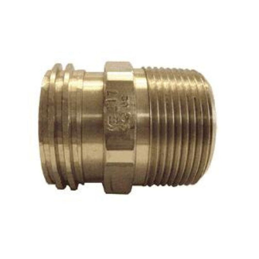 The Marshall Excelsior Adapter 2-1/4" M ACME x 1-1/4" MNPT Brass is a versatile fitting from Marshall Excelsior, designed with external threading on one side and a ridged ring in the middle, making it ideal for various industrial applications.