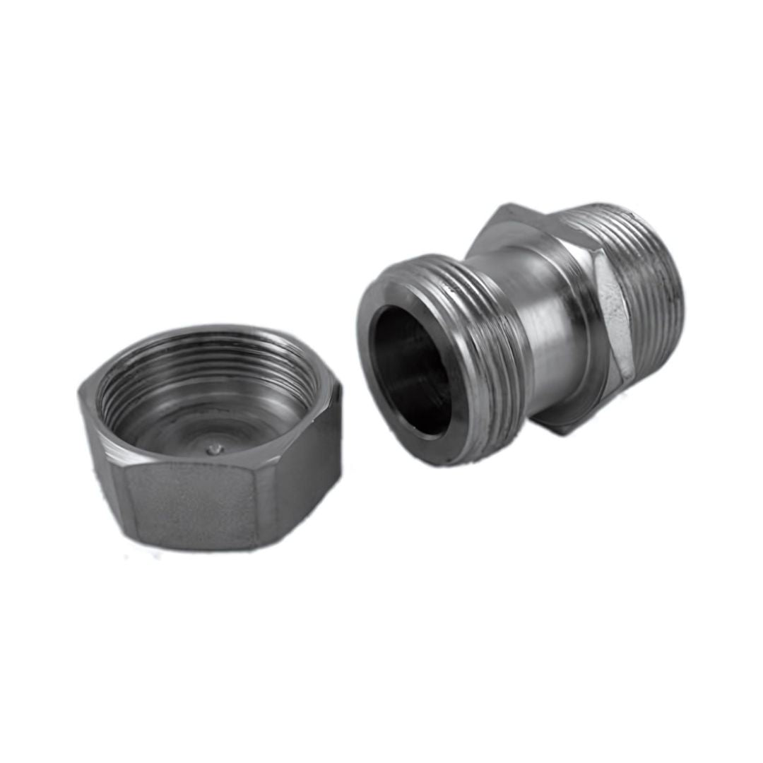Two metal pipe fittings for NH3 storage systems: one is a hexagonal coupling nut, and the other is the Marshall Excelsior 1-1/4" MNPT x 1-5/8" UNF Male Liquid Withdrawal Tank Valve with Cap Stainless.