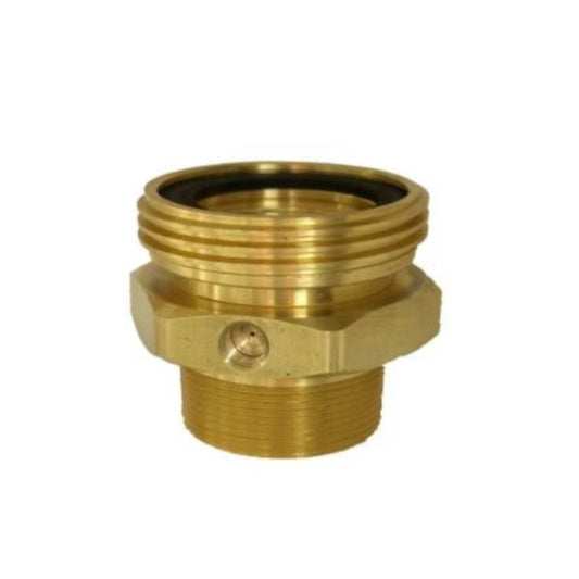 The close-up features a Marshall Excelsior 3-1/4" M. ACME x 2" MNPT Adapter with a 1/4" FNPT Vent Hole, a brass hose connector designed with threaded ends, making it ideal for securing hoses or pipes and preventing excess vapor discharge in bobtail and transport vehicles.