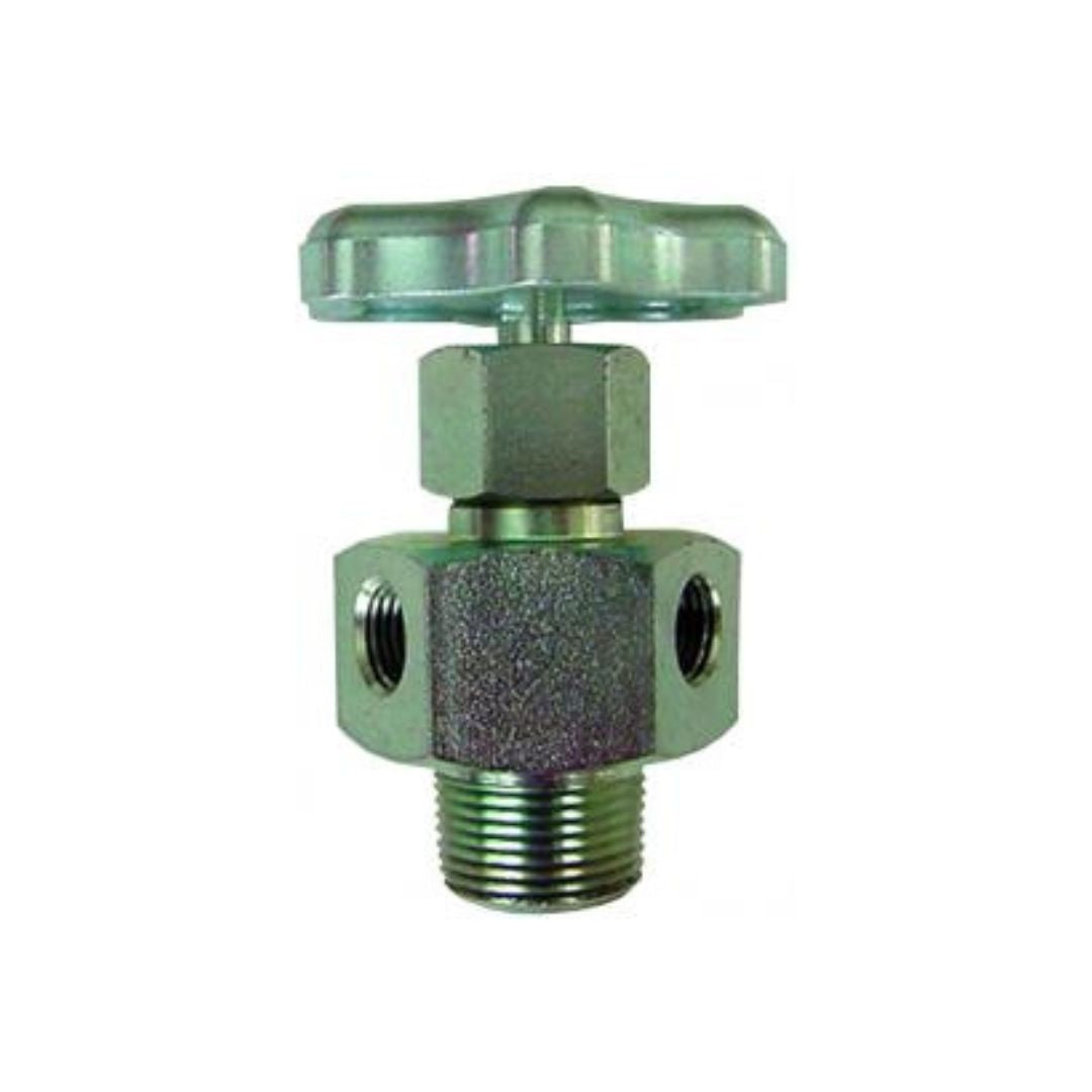 The Marshall Excelsior Liquid Level Vent Valve, constructed from durable steel, features a knob on top and threaded connections for pipes with a 3/4" MNPT inlet and two 1/4" FNPT side outlets. Ideal for LP-Gas applications.