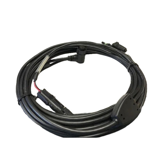 The Outback CAN-PWR Cable - R-H (051-0166-000#) for S3 & STS Systems | eDrive TC is a black electric coiled cable with connectors and a rectangular component, designed for precision agriculture connectivity to enhance farming efficiency.