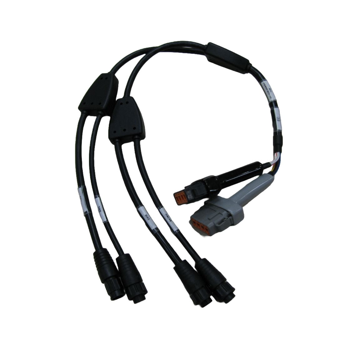 Introducing the Outback eDriveX Cable - IO, Plus 1 | Steering System (051-0228-000#): a Y-shaped electrical cable splitter featuring multiple connections and a black protective casing, designed to seamlessly integrate into your agricultural steering system for enhanced performance.