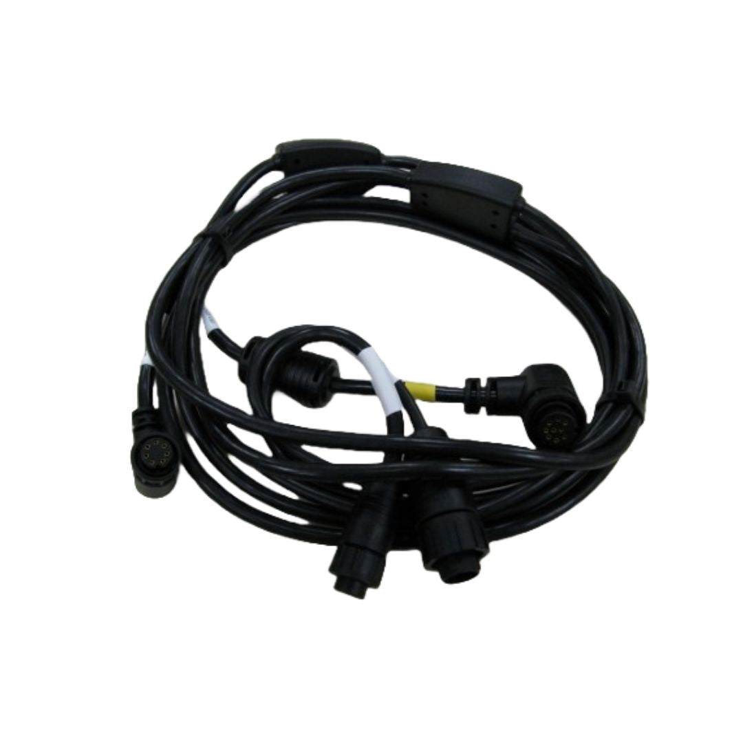 The Outback GSI/AC110 Cable - STX (051-0393-000#), featuring a coiled black design with various right-angle and straight connectors, is specifically crafted for precision agriculture applications, displayed against a white background.