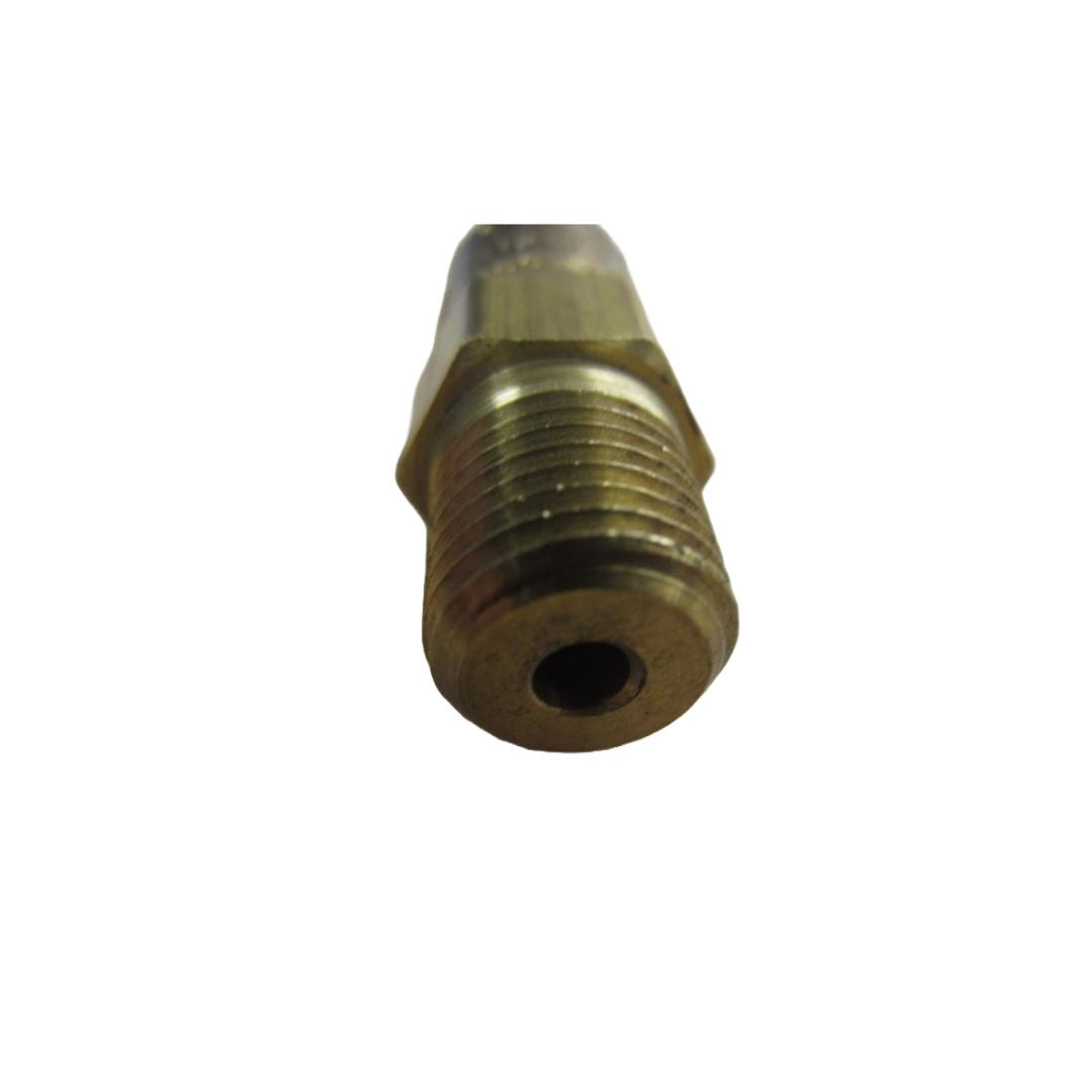 Close-up of the RegO Hydrostatic Relief Valve 1/4" 400PSI Brass LPG Only nozzle, showcasing its cylindrical shape and internal hole, isolated on a white background. Ideal for LPG applications or as part of a RegO Hydrostatic Relief Valve system.