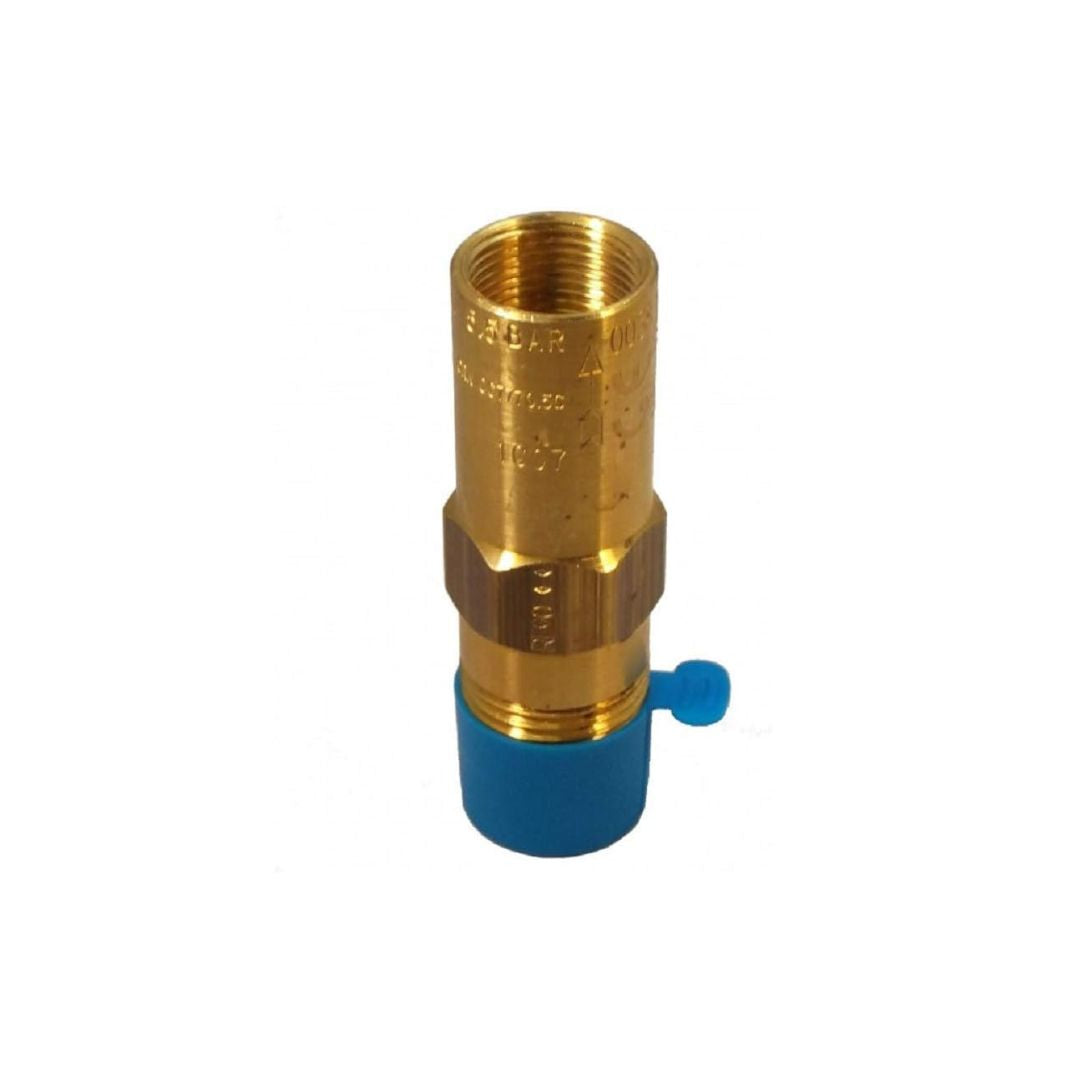 The RegO Hydrostatic Relief Valve 1/2" MPT 100PSI Teflon, featuring a brass body and a blue plastic cap, is displayed on a white background.