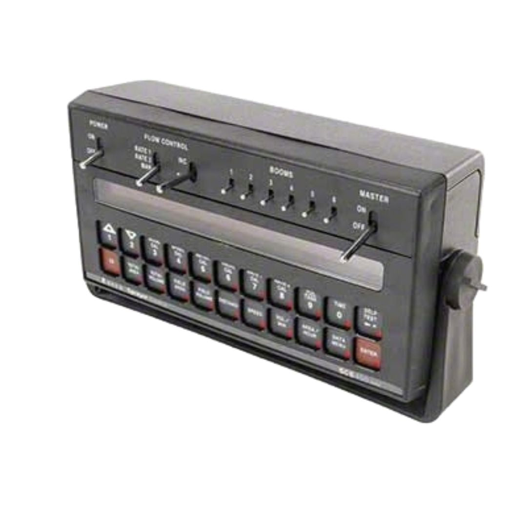 A Raven SCS 450 Spray Control Console - 6 Boom (063-0171-220) featuring a black casing with buttons and switches for volume controls, a microphone input, and ground speed compensation to ensure optimal performance.