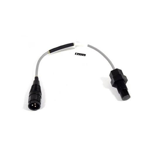 A gray cable with a three-pin connector on one end and a cylindrical black sensor labeled "Raven," ideal for precision agriculture and agricultural spraying equipment, specifically the Raven Flow Meter Sensor - High Pulse Conxall (063-0172-004).