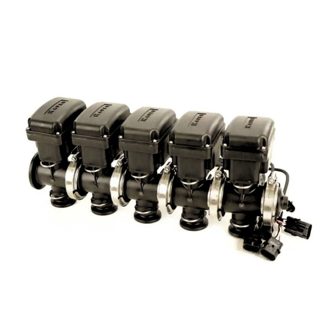 Five Raven 5-Section Manifold Boom Valves in black are lined up on a white background, showcasing their role in high-efficiency industrial applications.