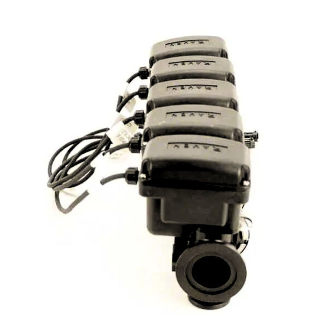 Aligned side by side on a white background, a row of Raven 5-Section Manifold Boom Valves with cables and connectors showcases their use in industrial applications.